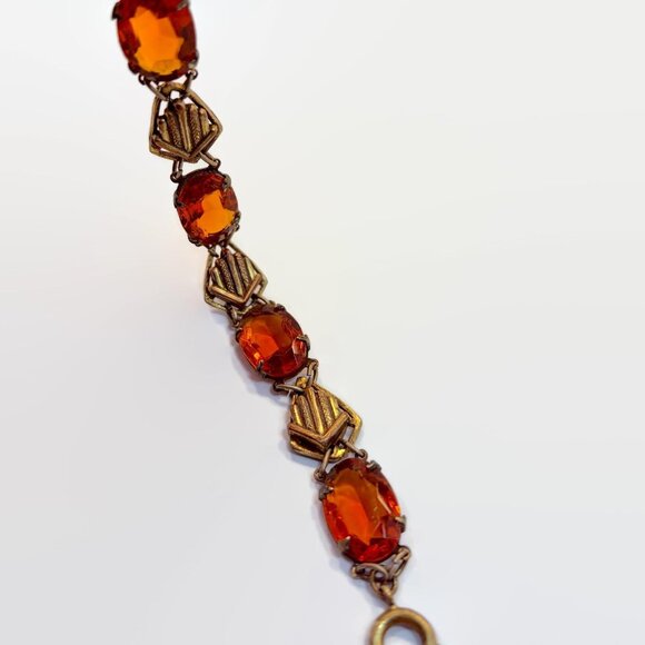 Art Deco Bracelet, Amber Glass, Brass, Gold Tone, Vintage 1930s, 1920s, Links - Picture 4 of 5